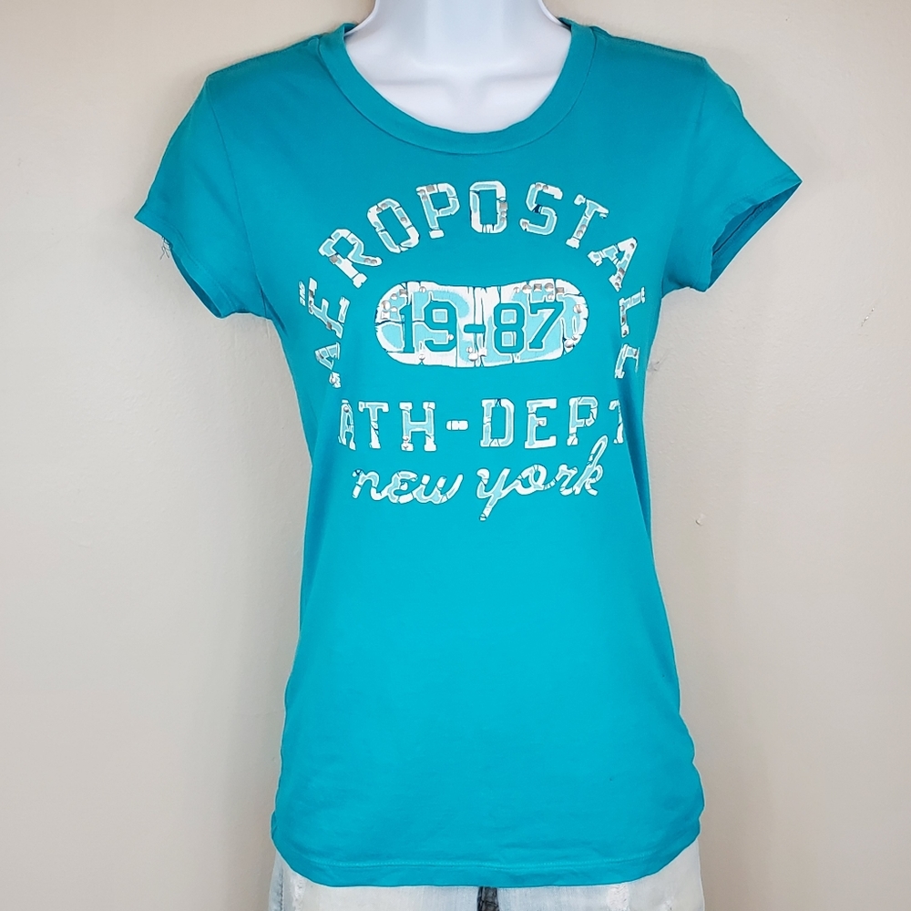 Aeropostale Juniors Teal Cap Sleeve T-Shirt With Silver Accents